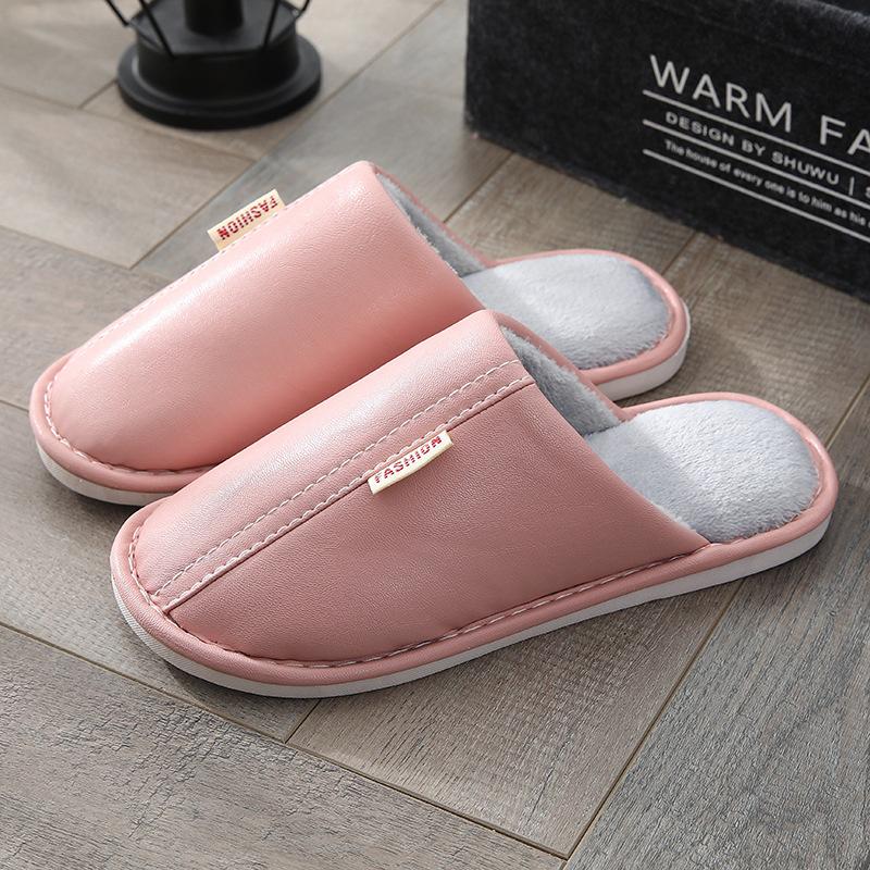 PU Leather Couple Indoor Home Wooden Floor Leather Surface Autumn and Winter Warm Cotton Slippers