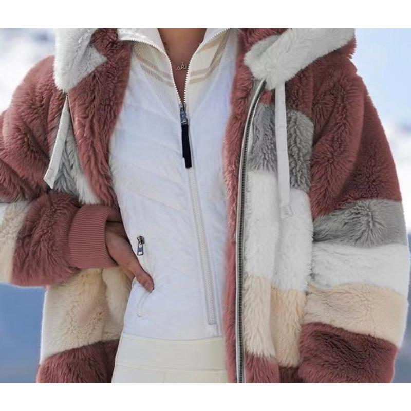 Многоцветная короткая свободная плюшевая куртка с капюшоном для женщин