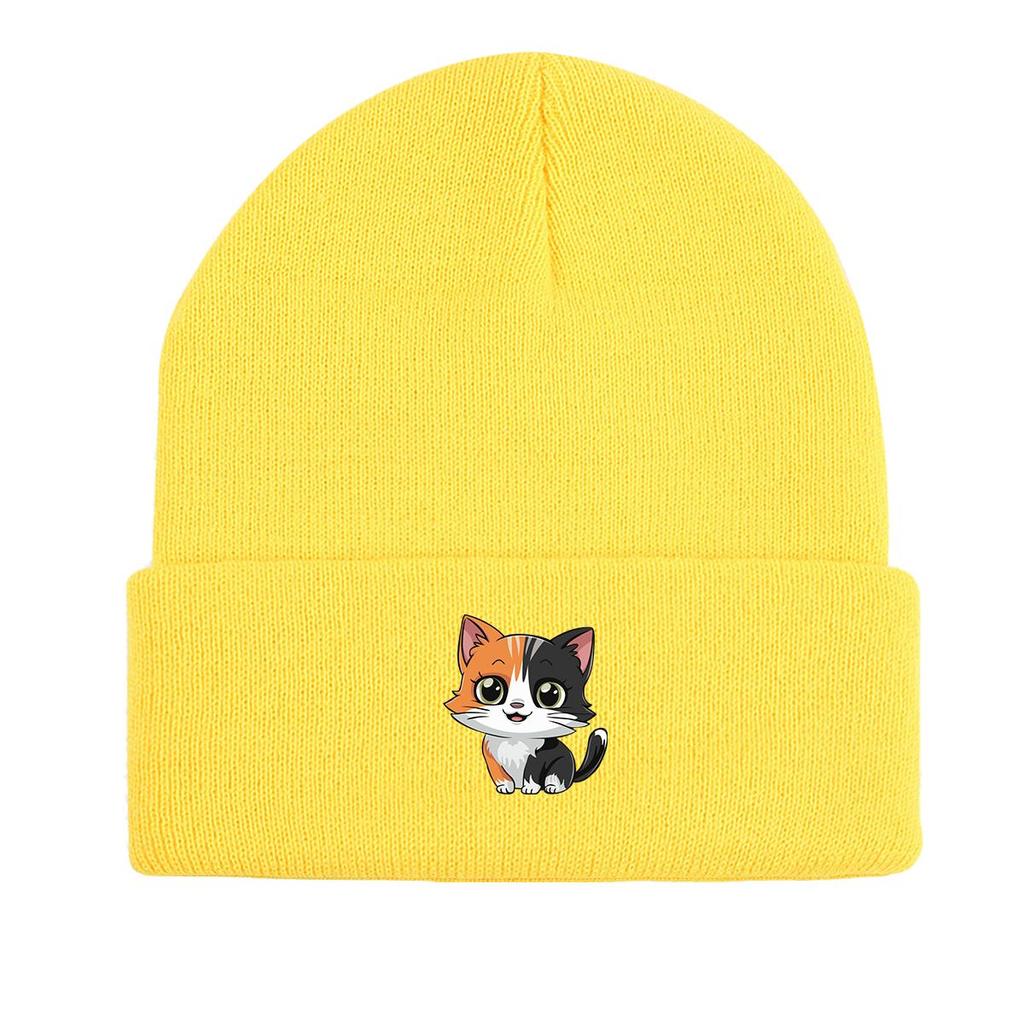 Cat Print Knitted Cap Beanie, Animal Woman Cap Lightweight Thermal Sporting Headwear Knit Hat Beanie