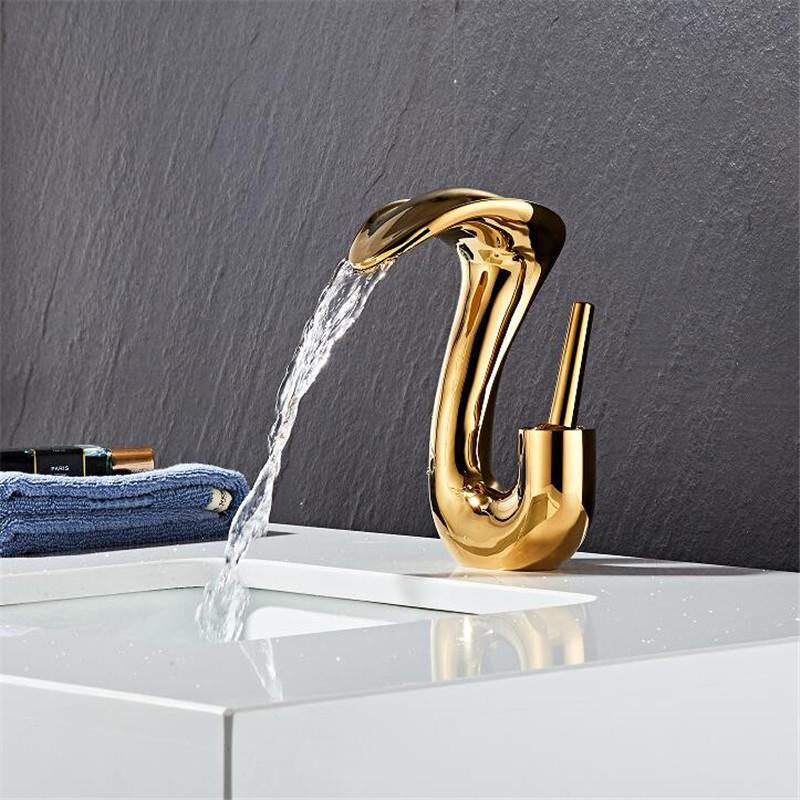 Tuqiu Black Bathroom Faucet Brass Gold Basin Faucet Cold And Hot White Waterfall Mixer Sink Tap Single Handle Deck Mounted  Tap