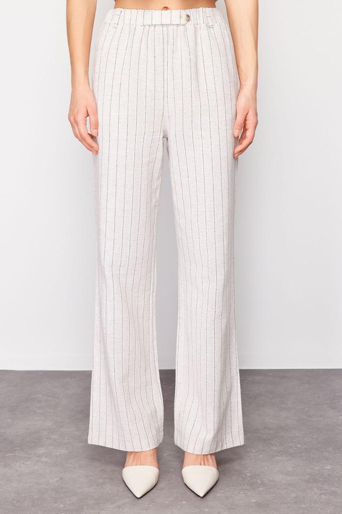 Женские стильные брюки Бежевые полосатые брюки прямого кроя из хлопчатобумажной и льняной ткани с эластичными карманами на талии