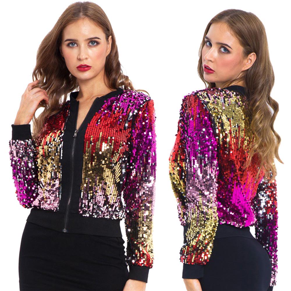 Women Sequin Jackets Sparkly Bomber Jackets VNeck Long Sleeve Zipper Glitter Clubwear Fashion Coat