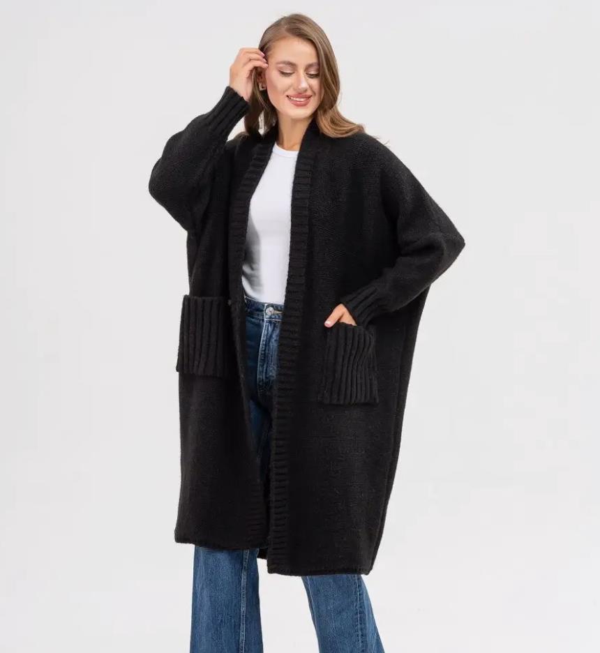 2025 European and American Style Women's Mid-Length Loose Knitted Cardigan Sweater