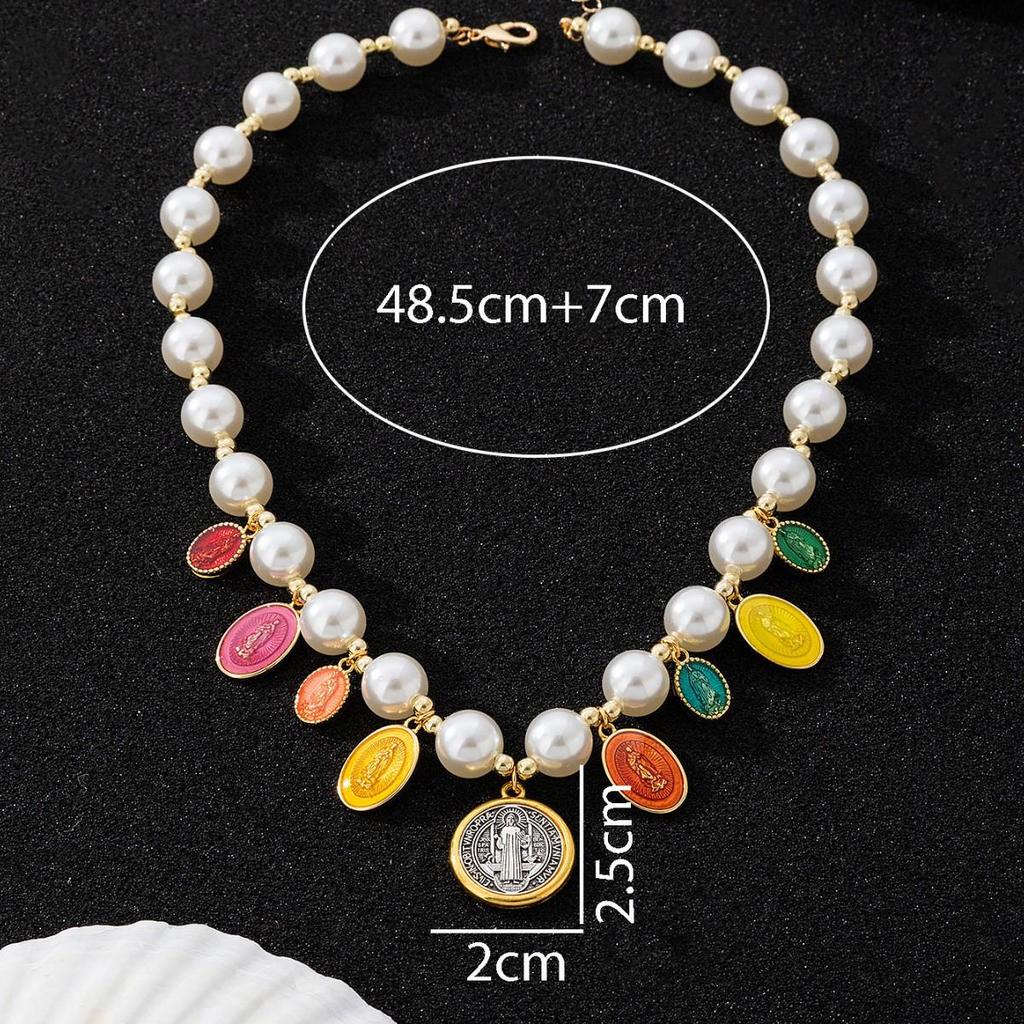 Винтажное религиозное ожерелье с кулоном в виде Девы Марии с жемчугом и цветной эмалью, покрытое золотом