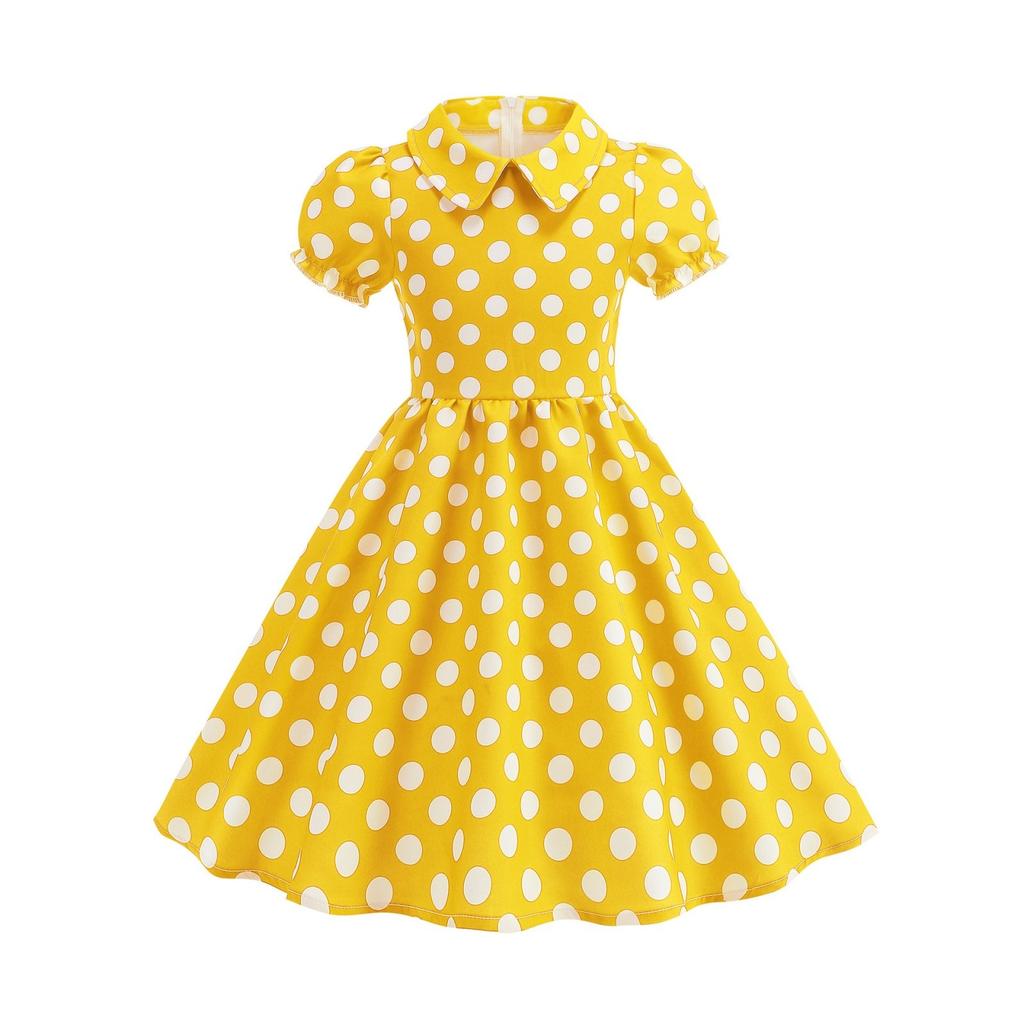 Fashion Children's Short-sleeved Polka Dot Dress With Baby Collar