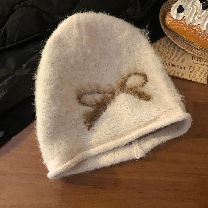 Korean Style Thick Bowknot Women S Knit Beanie Hat Autumn Winter Warm Windproof