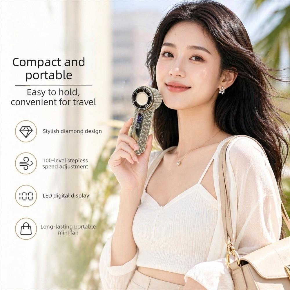 Strong Wind Rhinestone Handheld Fan Digital Display Mini Fan Portable Electric Fan  Summer