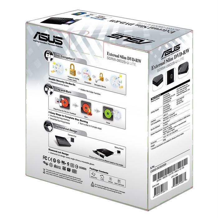 Graveur DVD Externe Asus SDRW-08D2S-U Slim Noir - USB 2.0 - Disc Encryption Et Drag-and-Burn