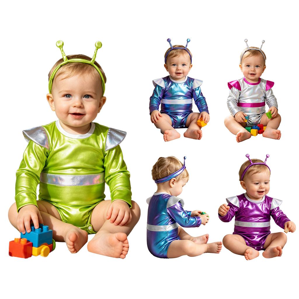 Baby Girls Color Block Alien Outfit Long Sleeve Press Button Crotch Metallic Romper Photography Costume