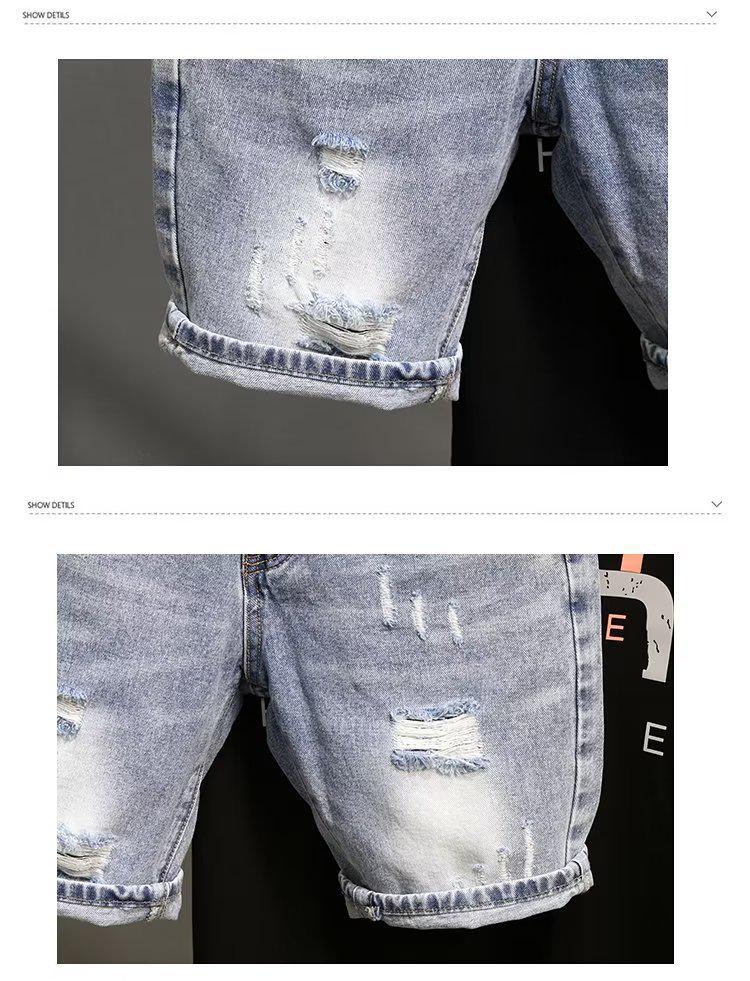 Men's Trendy Light Blue Ripped Denim Shorts, Korean Style Slim Fit with Distressed Pockets.