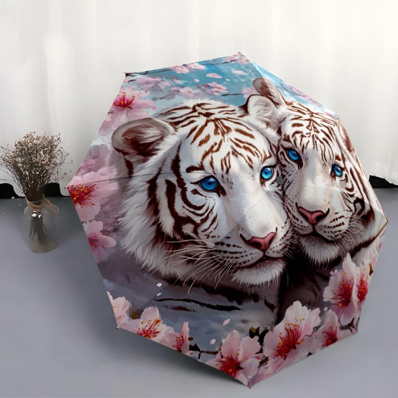 1pc Automatic Open/Close Umbrella with Floral design - Elegant White Tiger & Cherry Blossoms Pattern, Compact Travel Umbrella