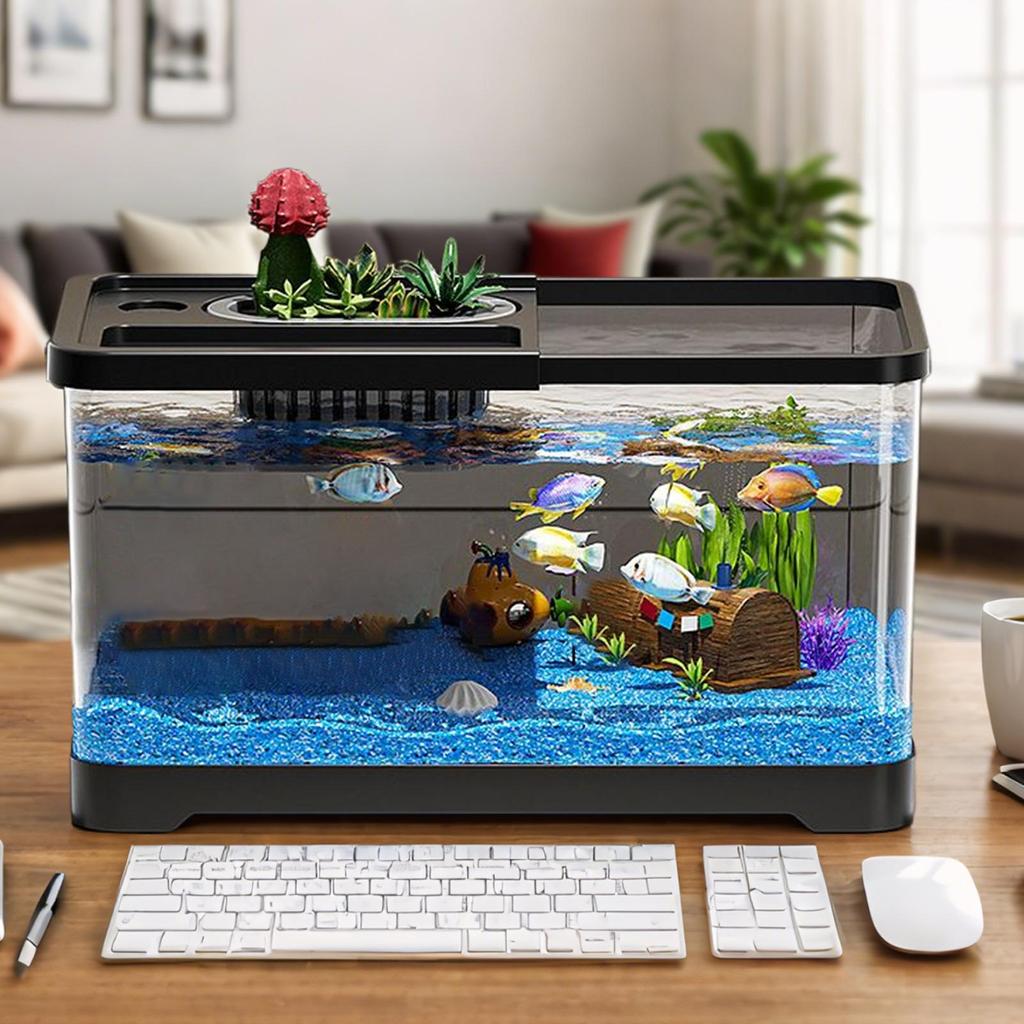 Small Fish Tank Acrylic Clear Desk Aquarium with Decor Accessories Fish Tank Starter Kits for Tabletop Living Room Studio Decor