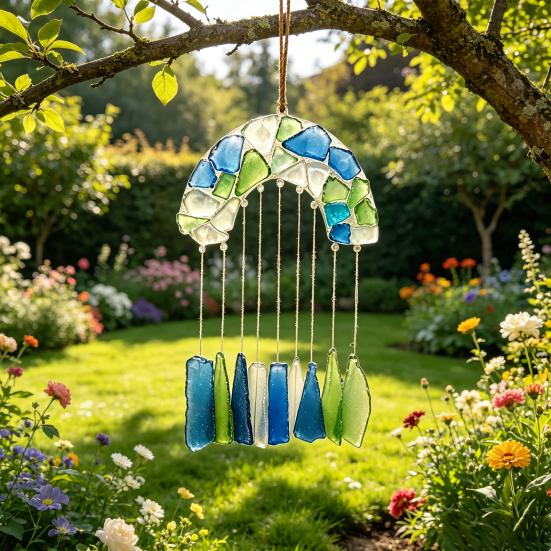 Handcrafted Sea Glass Wind Beach Coastal Style Chime for Outside Arch Shaped Hanging