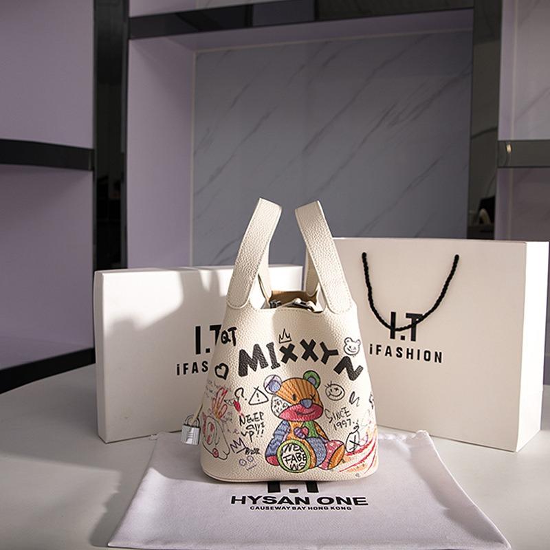 Кожаная Премиум Sense Сумка-ведро Граффити Раскрашенный Медведь Мультяшная Овощная Корзина Женская Сумка Повседневная Универсальная Сумка