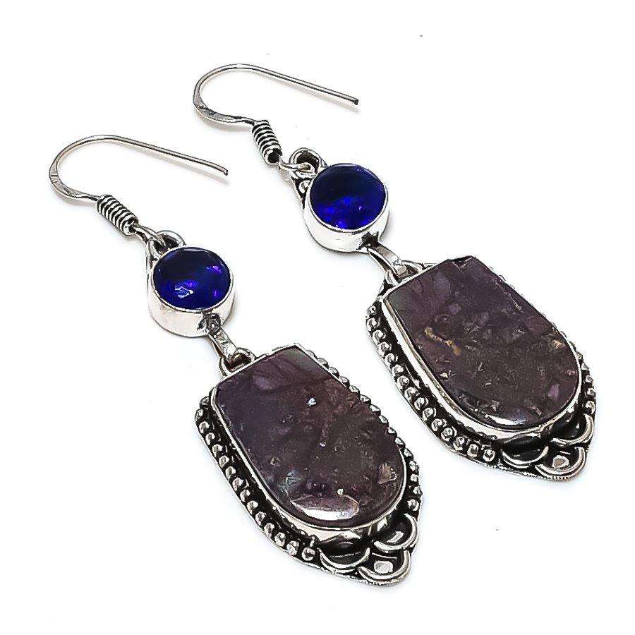 Natural Copper Purple Turquoise 925 Sterling Silver Jewelry Earring 2.56" AE-10486