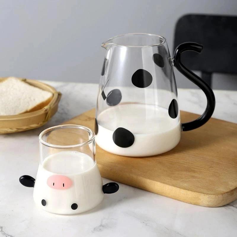1/2PC 550ml Borosilicate Glass Cow Cold Kettle Set Transparent Water Carafe With Cup Cartoon Coffee Teapot Milk Juice Pitcher