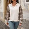 New Casual Retro Style Half Open Collar Plaid Splicing Design Loose Sweatshirt