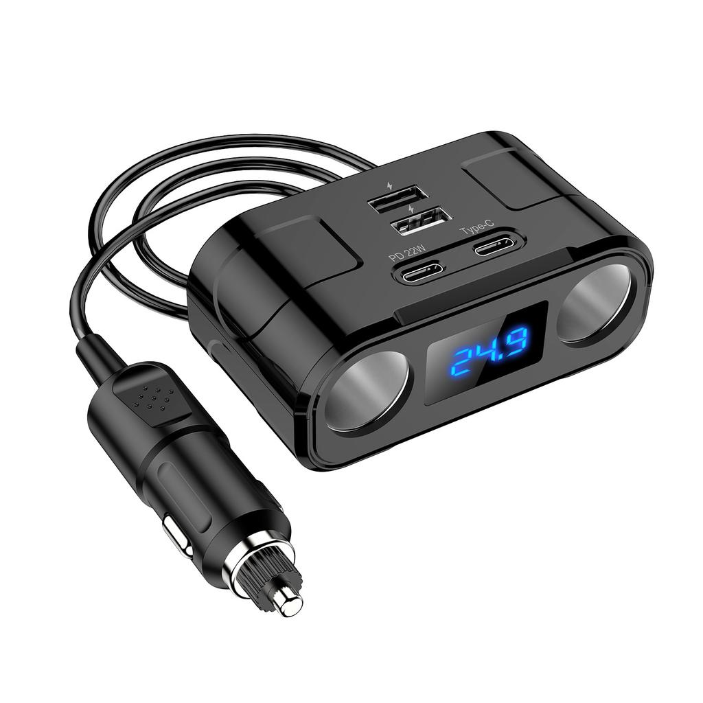 Car Socket Splitter Plug LED PD QC3.0 USB Fast Charger 4 Port Socket 12V/24V with Voltmeter Extension Cable