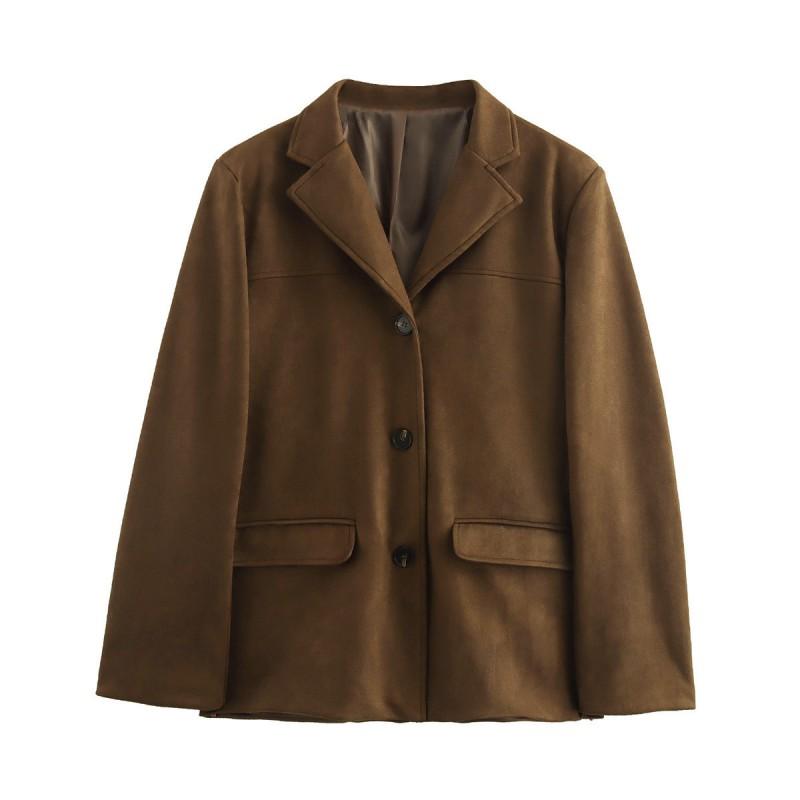 Womens Winter Streetwear Single-Breasted Oversized Blazer Coat In Suede-Like Fabric Khaki Coffee