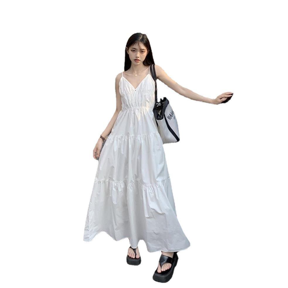 Женское приталенное белое платье в французском стиле для пляжа с V-образным вырезом и бретелями-спагетти