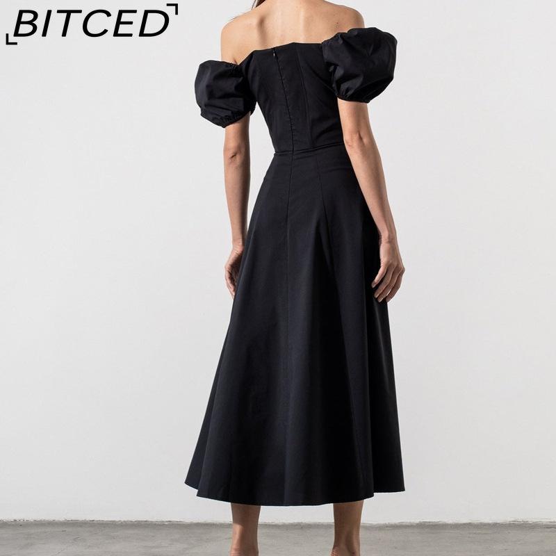 BITCED Весенне-летнее длинное платье женское повседневное с рукавами-буфами, завязкой на талии и разрезом