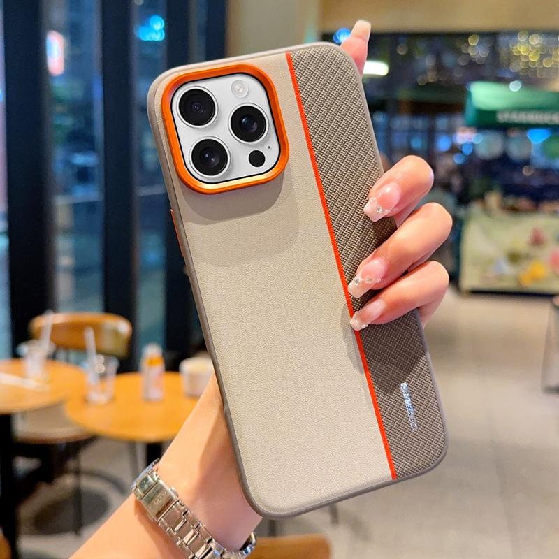 For iPhone 16 Pro Max Case Splicing PC + PU Leather Phone Back Cover with Metal Lens Ring/Buttons