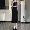 Женская черная миди-юбка А-силуэта с высокой талией - Приталенная костюмная юбка с боковым разрезом - Корейский стиль для весны/лета