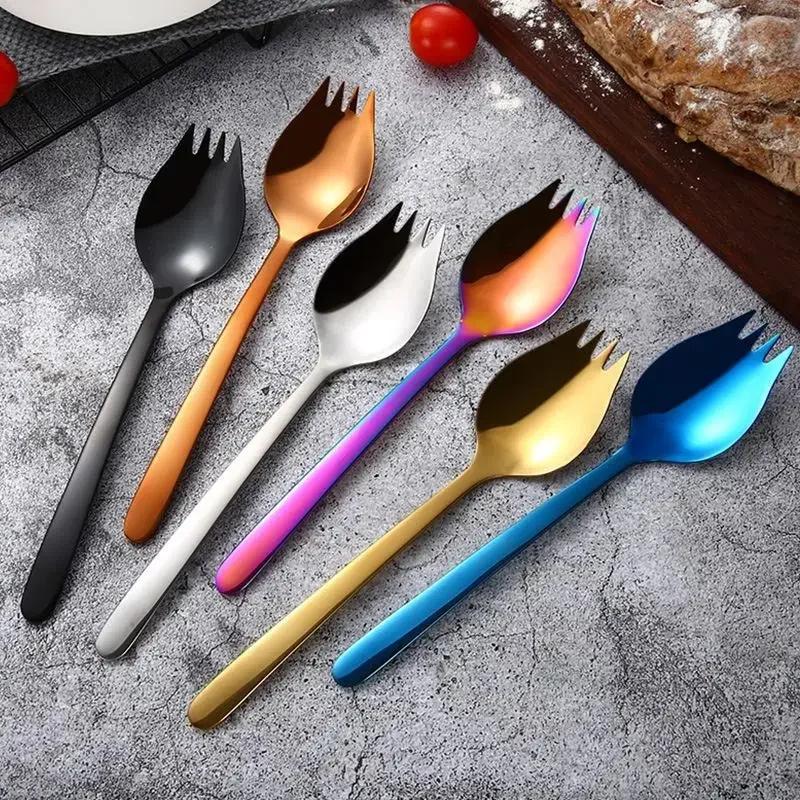 Kitchen Tools Stainless Steel Fruit Fork Dessert Forks for Cake Snack Salad Fork Spoon 2 In 1 Colorful Bento Accessories Supply