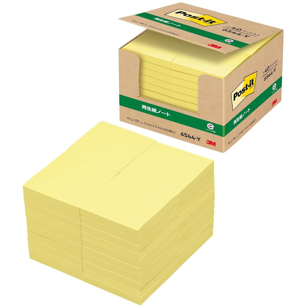 3M 75 x 75 100 sheets x 40 certified compliant with the Green Purchasing Post-it Notes, Large, Yellow, mm, pads, 6544-Y. Eco-mark product, Law.