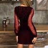 Women Evening Dress V Neck See-through Mesh Patchwork Long Sleeve Shiny Slim Fit Tight Waist Sheath Solid Color Party Prom Mini Dress
