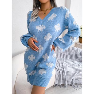 Женское платье-свитер с контрастными рукавами-фонариками и принтом облаков, осенне-зимняя коллекция