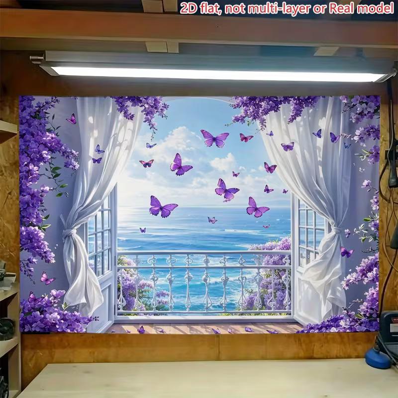2D Summer Beach Backdrop White Curtain Purple Flower Butterfly Photo Booth Background