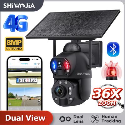SHIWOJIA 4K 8MP 36X Zoom 4G Солнечная камера с двумя объективами, двумя экранами, функцией обнаружения человека, автоматическим отслеживанием, наружной солнечной панелью 10 Вт, WIFI CCTV