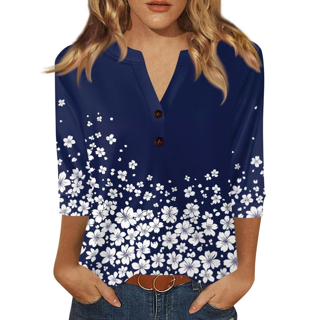 Жен. Футболка С принтом Пуговицы Рукав 3/4 Повседневные Выходные Мода Классический Классический V-образный вырез Обычный Верх