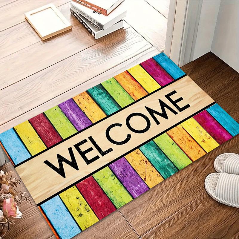 Boho Retro Area Rug Rainbow Wood Planks Decorative Carpet for Vintage Home Decor Non-Slip Washable Door Mat Colorful Minimalist