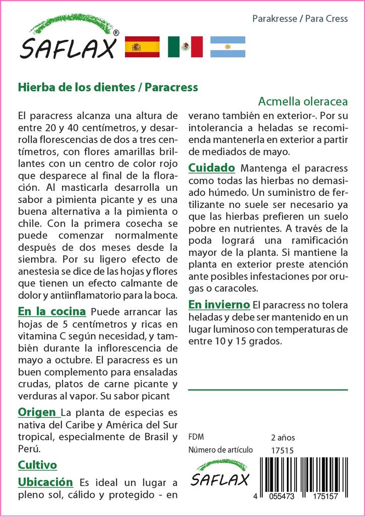 SAFLAX Подарочный набор - Кресс-салат - 500 семян - С подарочной коробкой, карточкой, этикеткой и субстратом для горшков - Acmella oleracea