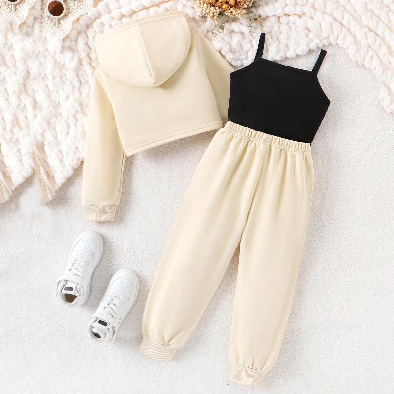 Модный комплект для девочек, осенне-зимний детский повседневный спортивный комплект из трех предметов с капюшоном и однотонными брюками-халтерами