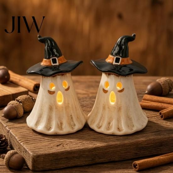 Warm Light Glow Spooky Accents Witch Hat Ghost Tealight Candle Holder, Vintage Resin Halloween Tabletop Decor Decorations with for Farmhouse