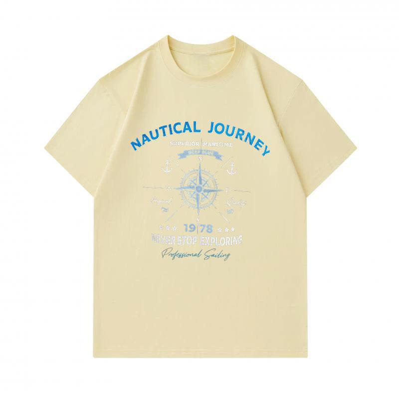 Men's 100% Cotton Crew Neck Short Sleeve T-Shirt, Nautical Journey Compass Anchor Print Casual Maritime Never Stop Exploring Sailing Top for Daily Wea