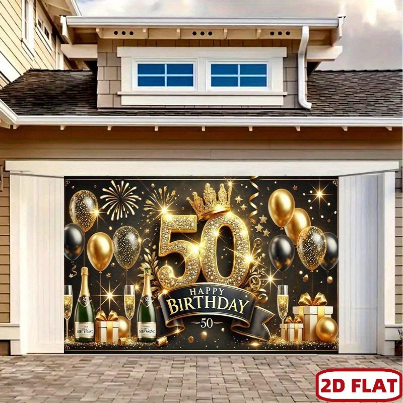 2D flat 1pc luxurious 50th birthday polyester banner, birthday party background, gold and black theme and fireworks design