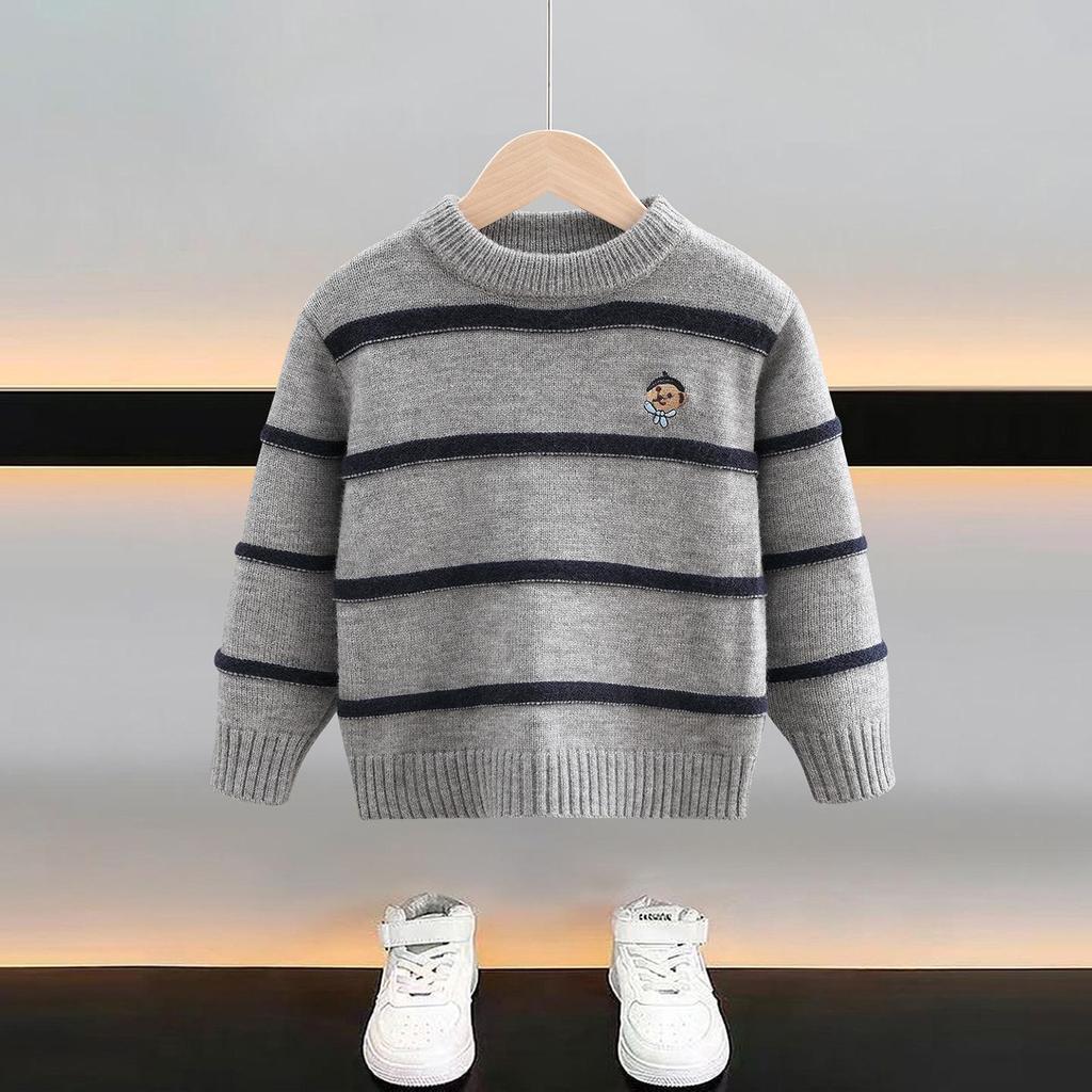 Boys' Striped Wool Crew Neck Sweater - Thick, Warm & Stylish for Autumn/Winter