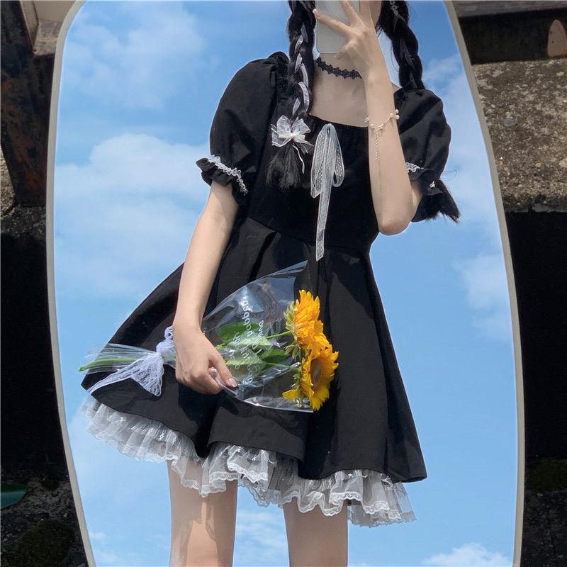 Kawaii готическое платье Лолиты, женское готическое платье в стиле Харадзюку, милые кружевные черные короткие платья с пышными рукавами, школьные Jk, лето 2022 для девочек