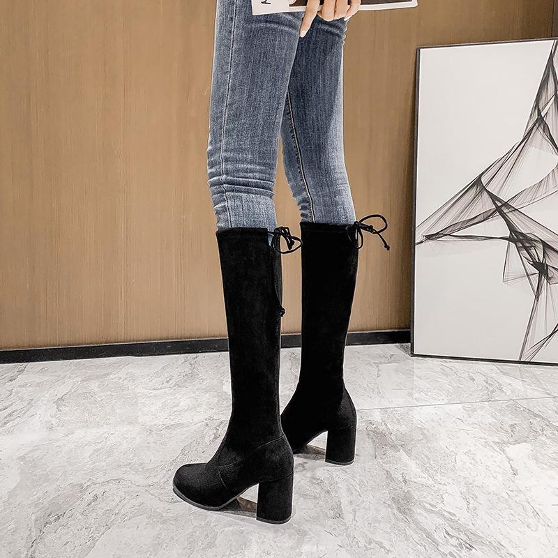 Женские сапоги из эластичной замши длиной до колена на высоком каблуке - Осень/Зима 2024 г. Длинные сапоги с круглым носком