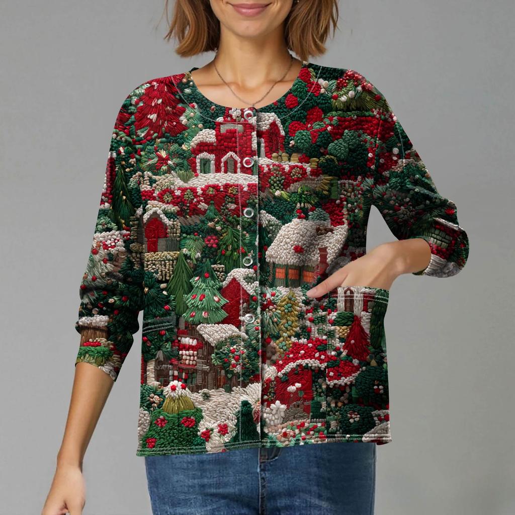 Women's Casual Long-Sleeved Single-Breasted Christmas-Themed Print  Cardigan