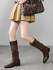 Fashion Retro Spliced Long Tube Boots Women's Chunky Heel High-Cut Boot Cross-Banding Faionable Casual Round Toe Boot