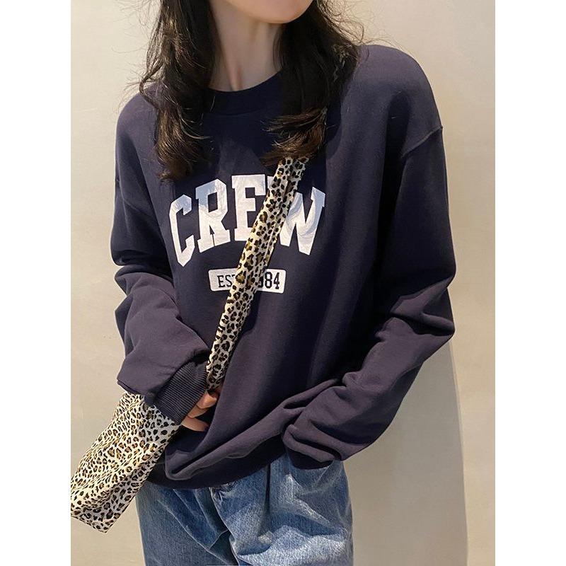 Женское серое худи с принтом букв, женский свободный тонкий пуловер с круглым вырезом и длинными рукавами, повседневный топ для студентки