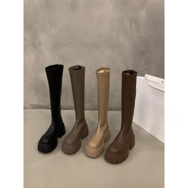 Маленькие узкие длинные рыцарские сапоги на толстой подошве, женская обувь 2025 года, новые бархатные черные сапоги средней высоты