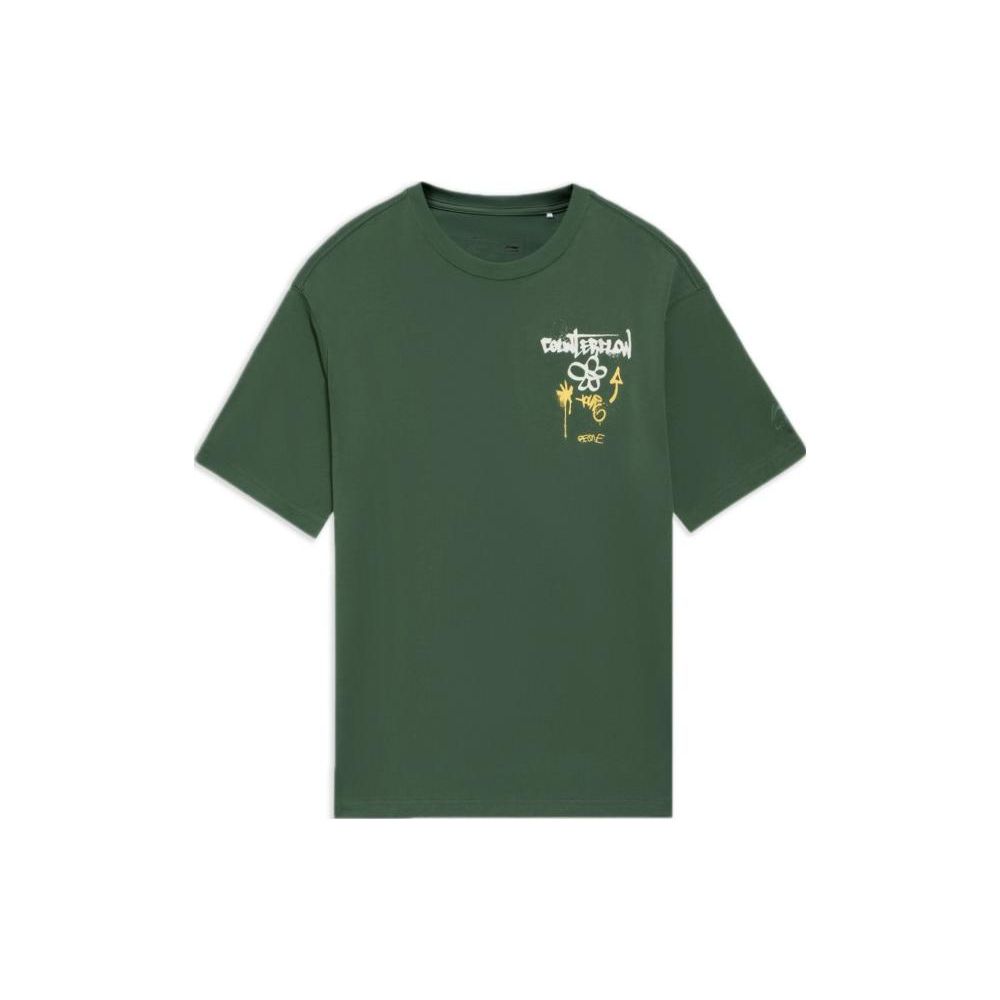 Li-Ning Облегающая футболка с принтом CF граффити и круглым вырезом, с короткими рукавами, топы унисекс, туманно-сосново-зеленый AHSS589-3