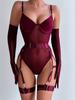 Tight Lingerie Lace Bodysuit Sexy See Through Erotic Bodysuit with Gloves Garter Night Clubwear Outfit Sissy Open Anal Mesh Top