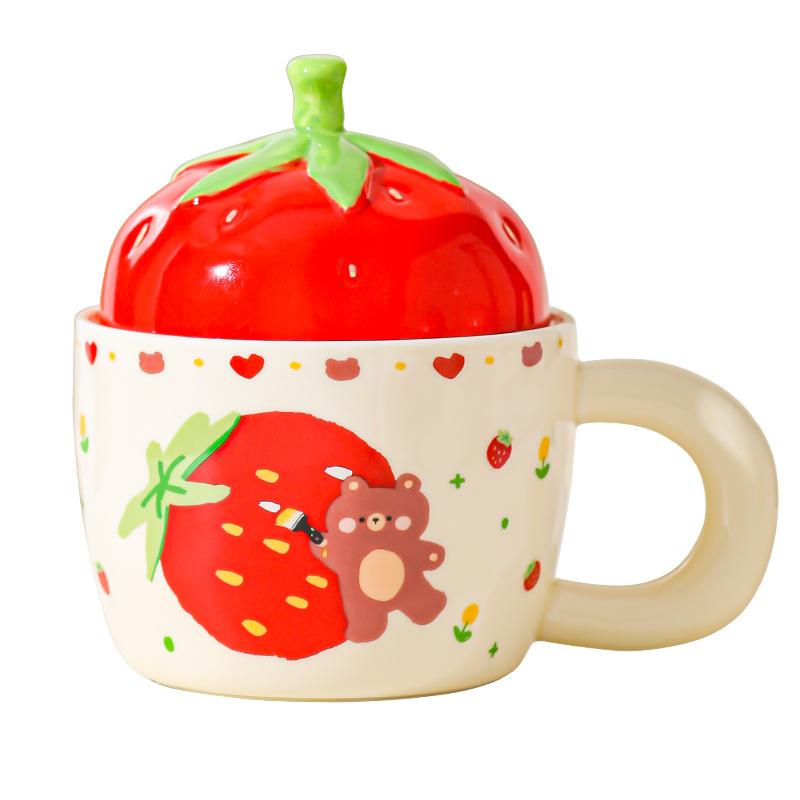 Керамическая чашка с крышкой «Клубничный медведь» для девочек, подарочная чашка для дома, кружка, высококачественная, для пары, для молока, для завтрака